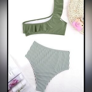 Ruffled One Shoulder Strap, High Waisted, Bikini Set. NWOT